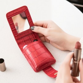 Mini Portable Lipstick Bag With Mirror,Minimalism Small Cosmetic Bag With Button, Crocodile Embossed  Women's Makeup Storage Case