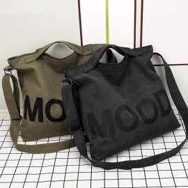 Letter Mood Print Casual Canvas Crossbody Bag Large Capacity Trendy Men's Shoulder Bag Tote Bag