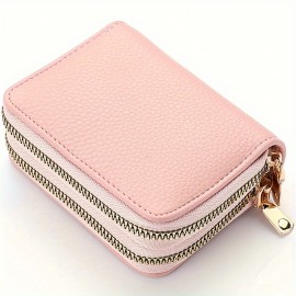 Mini Women Double Zipper Solid Color Card Holder, RFID Faux Leather Multi Card Slot Wallet, Versatile Clutch Purse