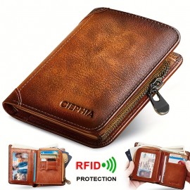 Vintage Trifold Leather Wallet, RFID Blocking Protection Short Zipper Coin Purse, ID Credit Card Holder Father's Day Gifts