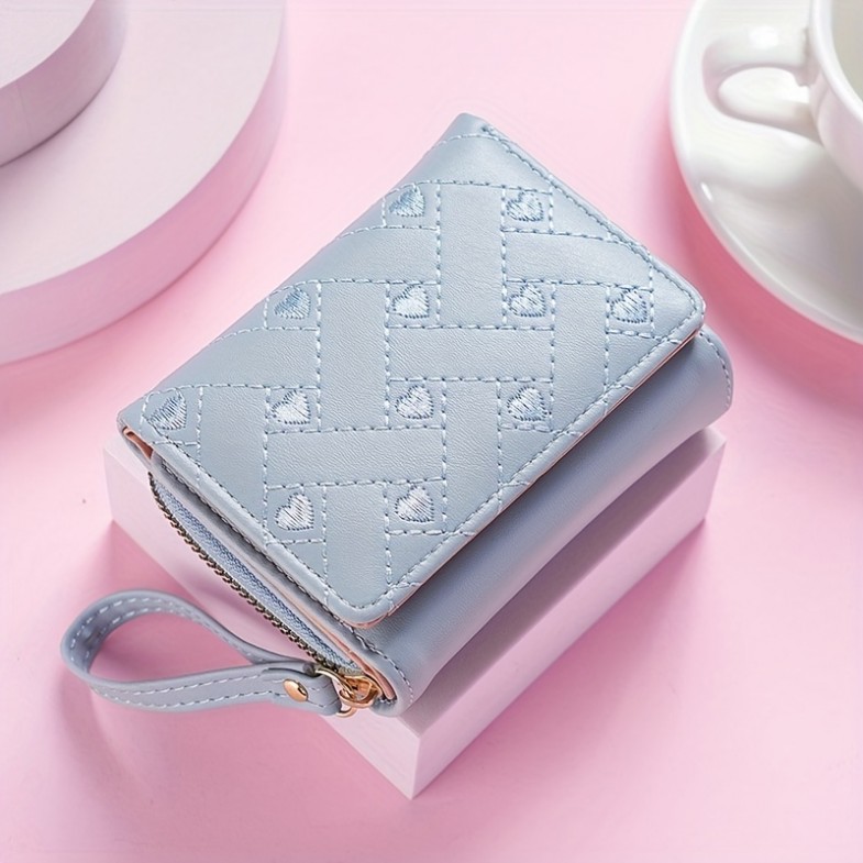 Trendy Love Embroidered Short Wallet, Clutch Solid Color Coin Purse, Faux Leather Credit Card Holder