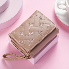 Trendy Love Embroidered Short Wallet, Clutch Solid Color Coin Purse, Faux Leather Credit Card Holder