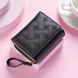 Trendy Love Embroidered Short Wallet, Clutch Solid Color Coin Purse, Faux Leather Credit Card Holder