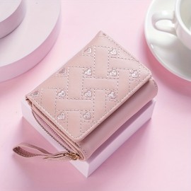 Trendy Love Embroidered Short Wallet, Clutch Solid Color Coin Purse, Faux Leather Credit Card Holder