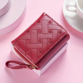 Trendy Love Embroidered Short Wallet, Clutch Solid Color Coin Purse, Faux Leather Credit Card Holder