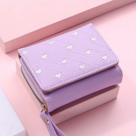 Trendy Love Embroidered Short Wallet, Clutch Solid Color Coin Purse, Faux Leather Credit Card Holder