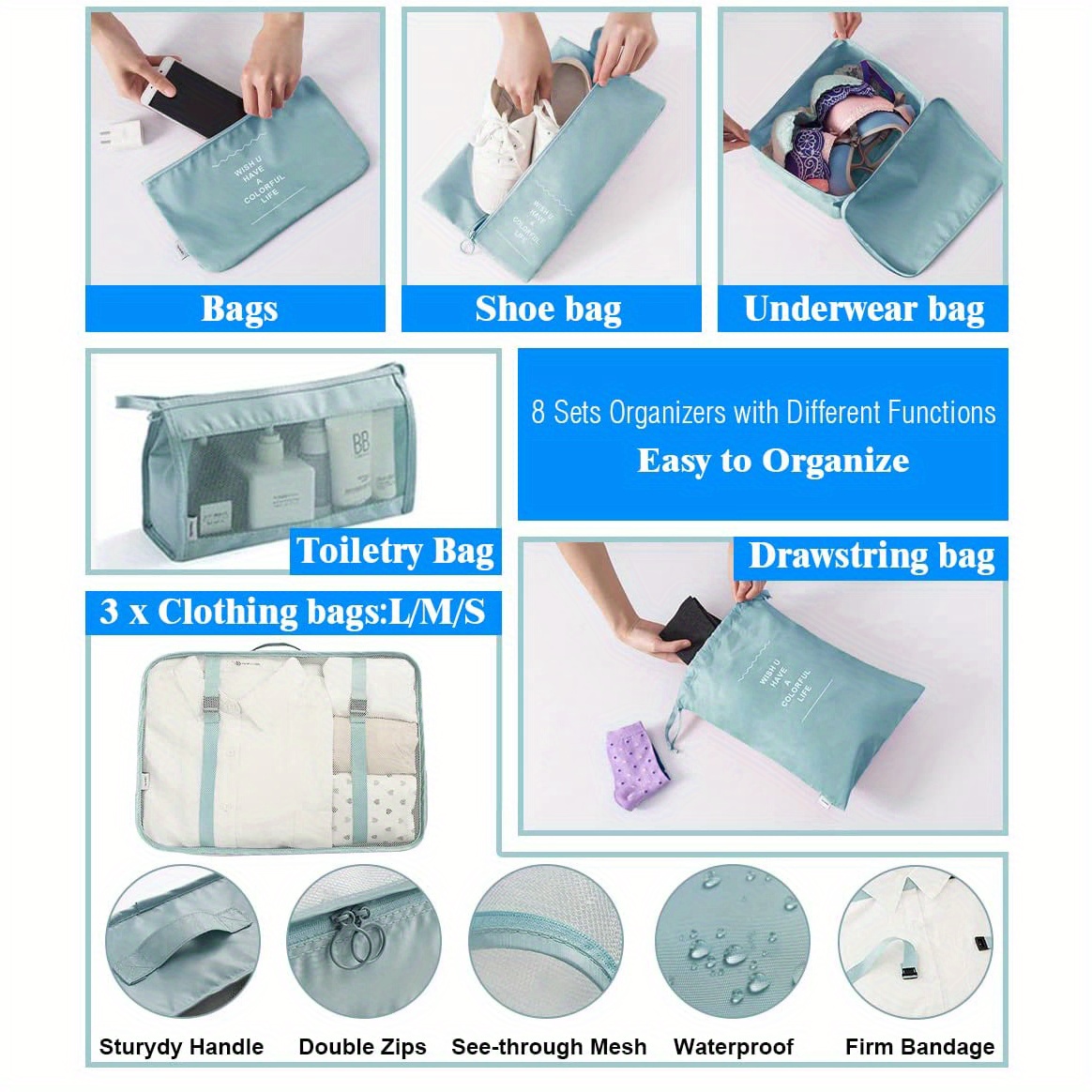 8pcs luggage packing organizer set lightweight handheld packing cubes clothing underwear shoes storage bag details 3