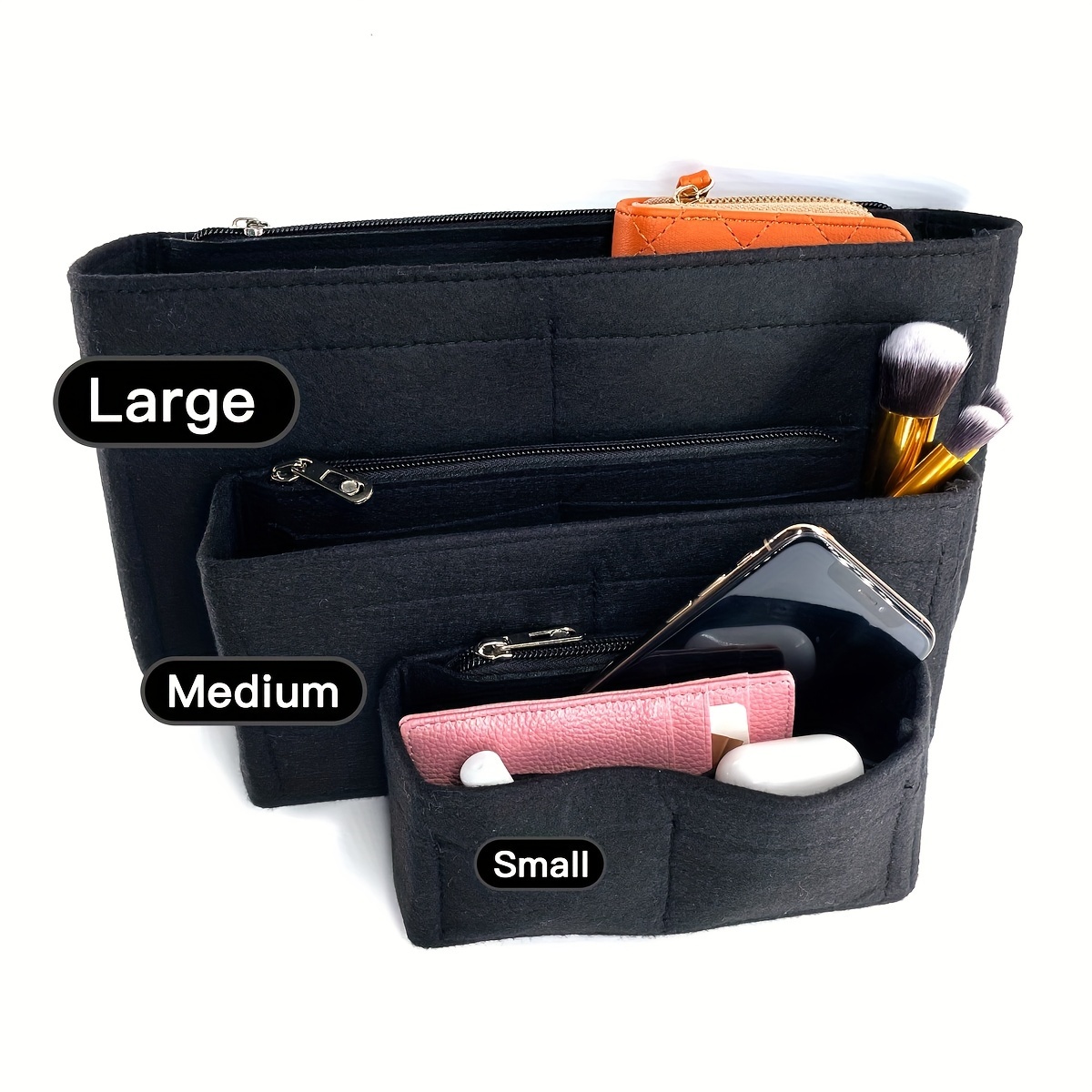 multi pocket organizer insert bag felt cloth zipper cosmetic storage bag lightweight portable inner travel storage bag details 2