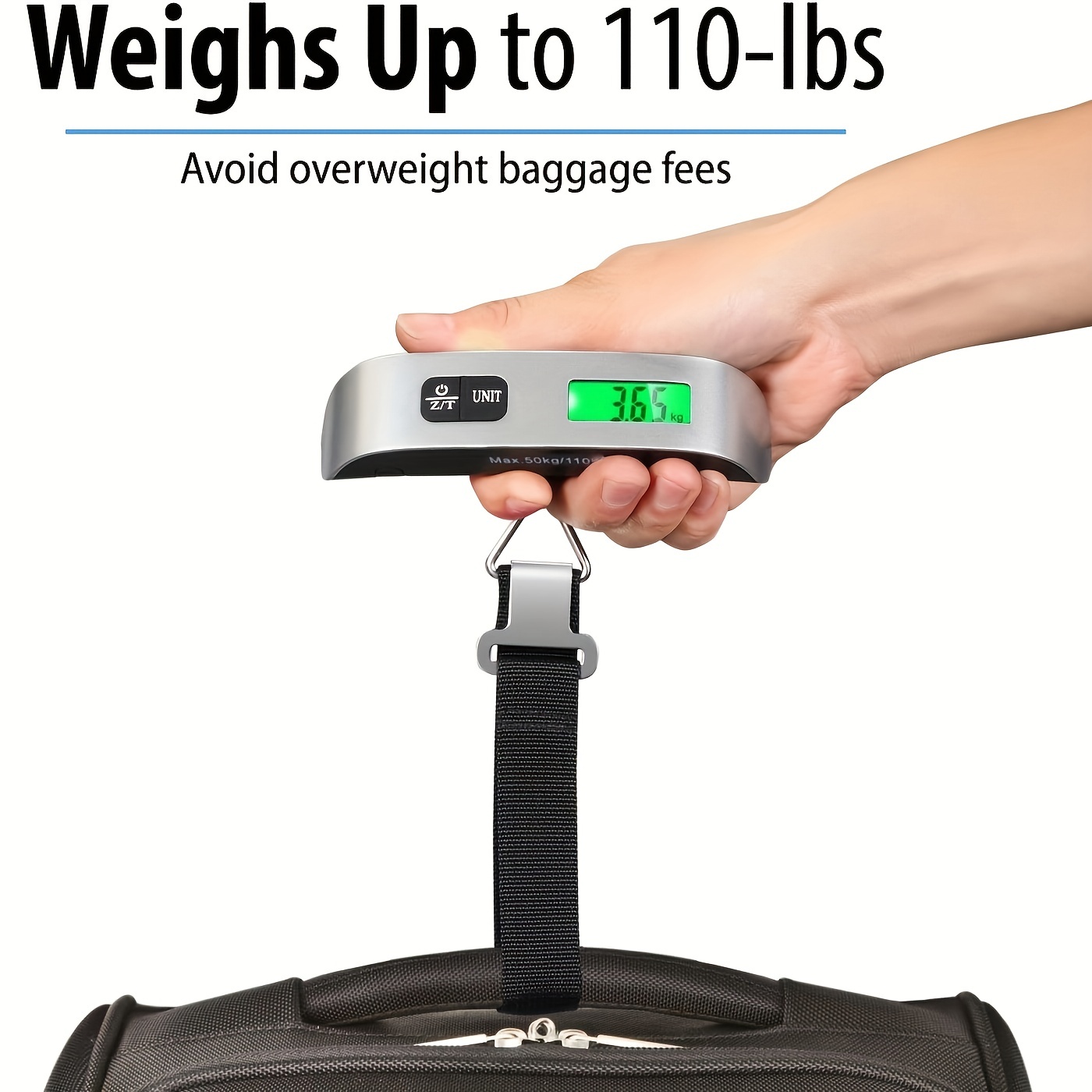 1pc 110lb 50kg electronic luggage scale digital luggage scale portable stainless steel handheld hanging baggage scale for travelers with button cell details 7