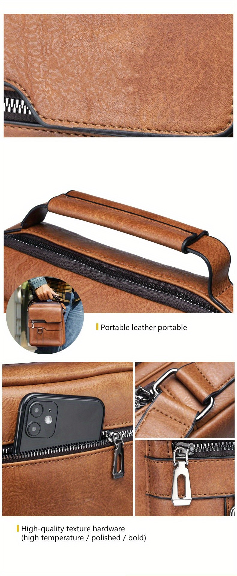 mens vintage pu leather shoulder bag mens business satchel bag details 6