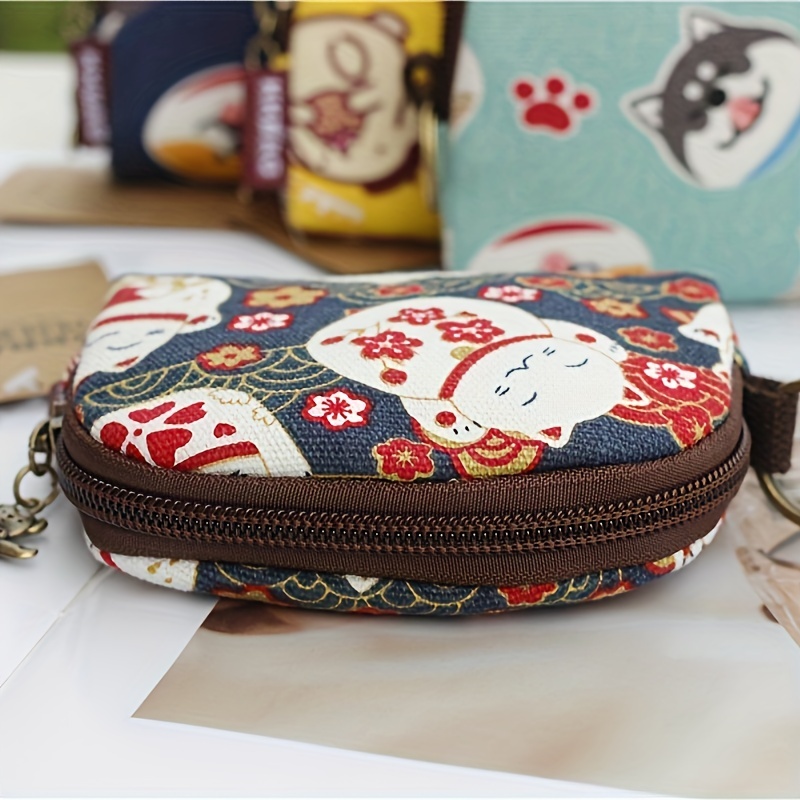 japanese style canvas coin purse zipper around storage bag mini wallet with keychain details 0