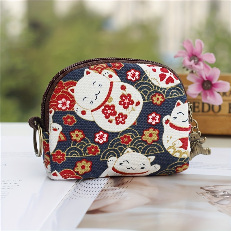 japanese style canvas coin purse zipper around storage bag mini wallet with keychain details 1