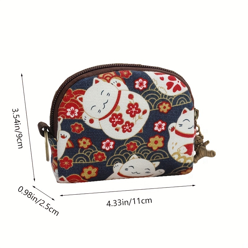 japanese style canvas coin purse zipper around storage bag mini wallet with keychain details 2