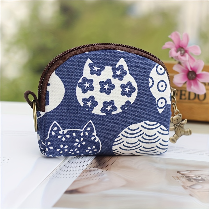 japanese style canvas coin purse zipper around storage bag mini wallet with keychain details 3