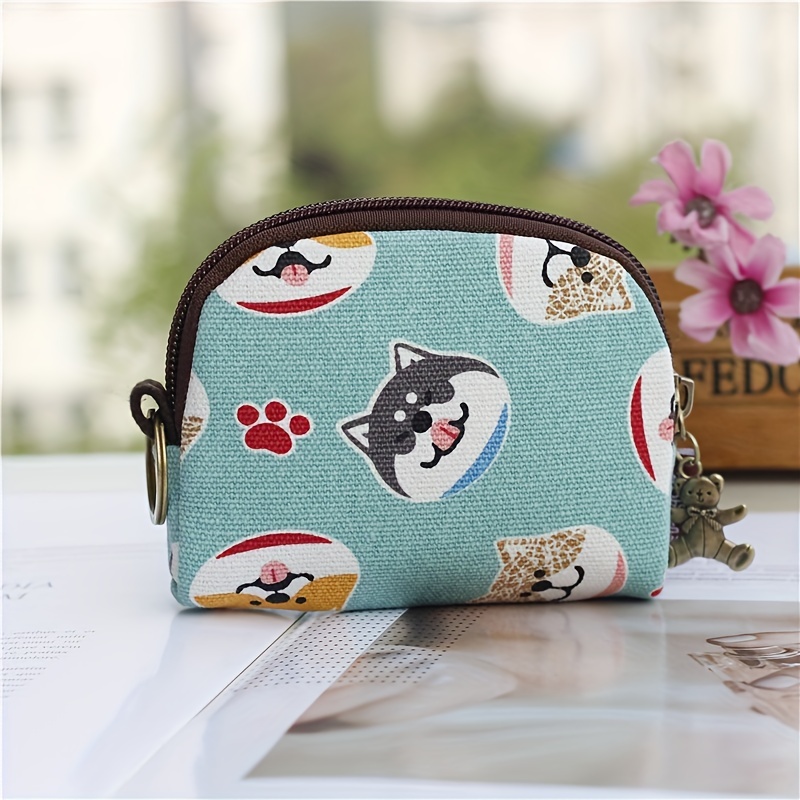 japanese style canvas coin purse zipper around storage bag mini wallet with keychain details 4