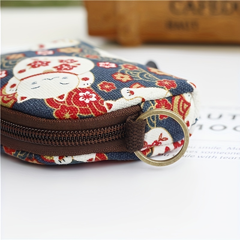 japanese style canvas coin purse zipper around storage bag mini wallet with keychain details 5