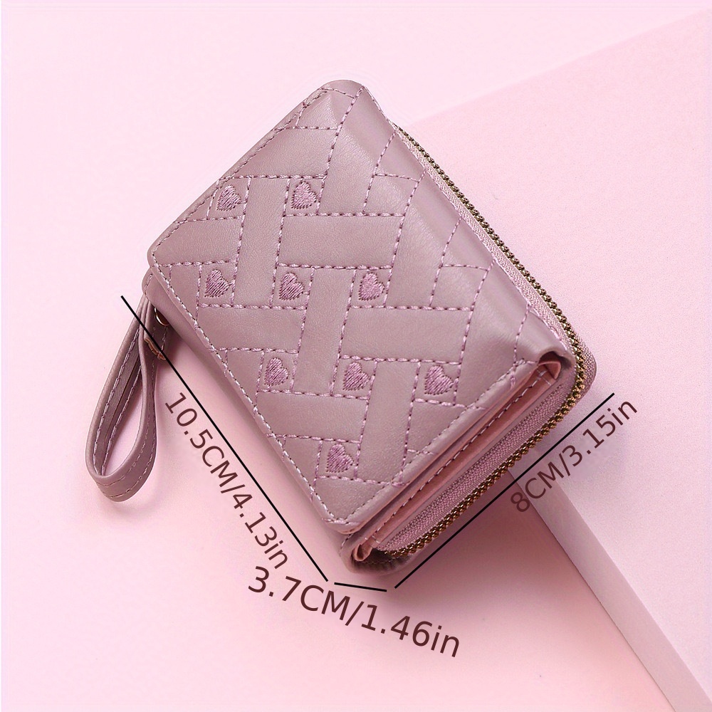 trendy love embroidered short wallet clutch solid color coin purse faux leather credit card holder details 4