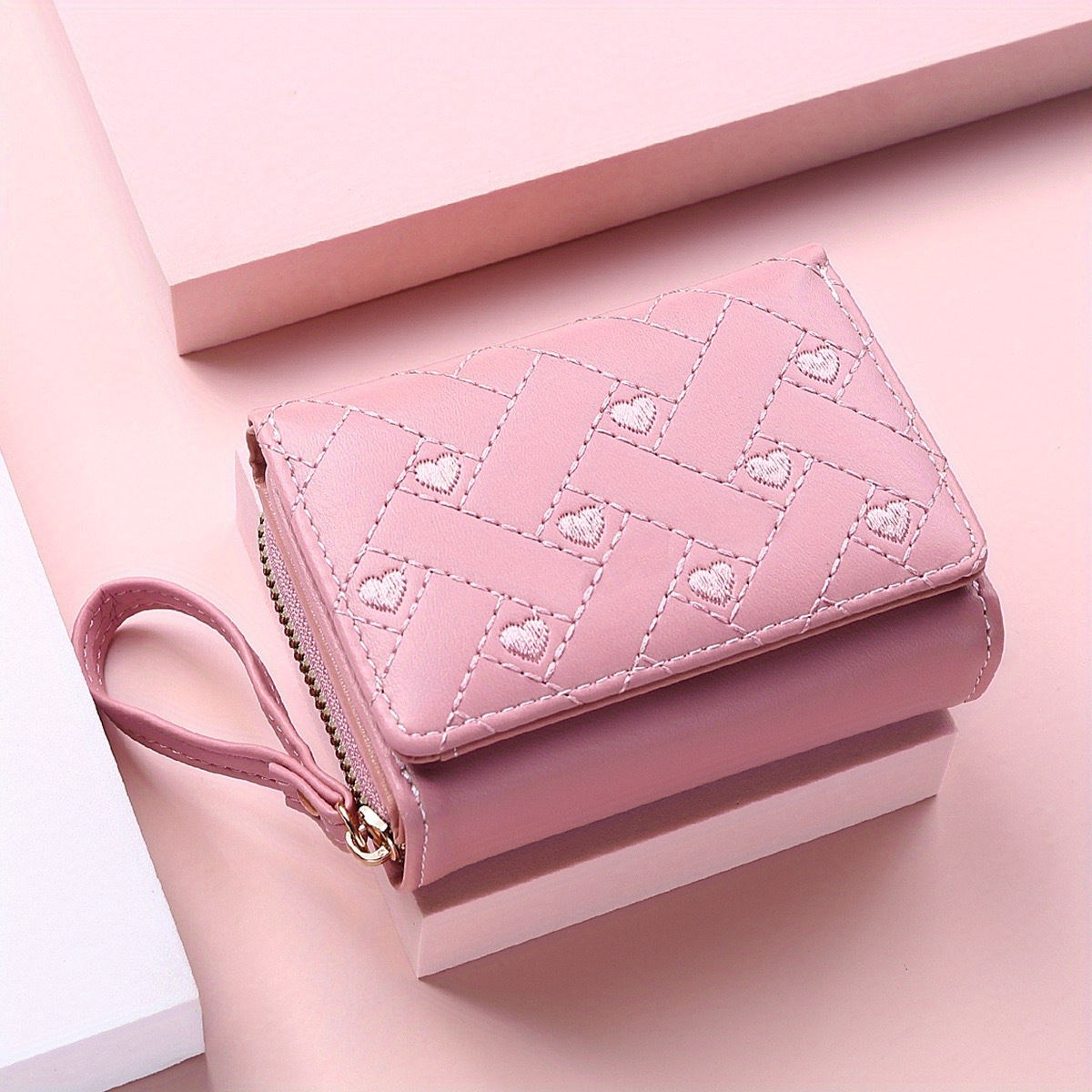 trendy love embroidered short wallet clutch solid color coin purse faux leather credit card holder details 6