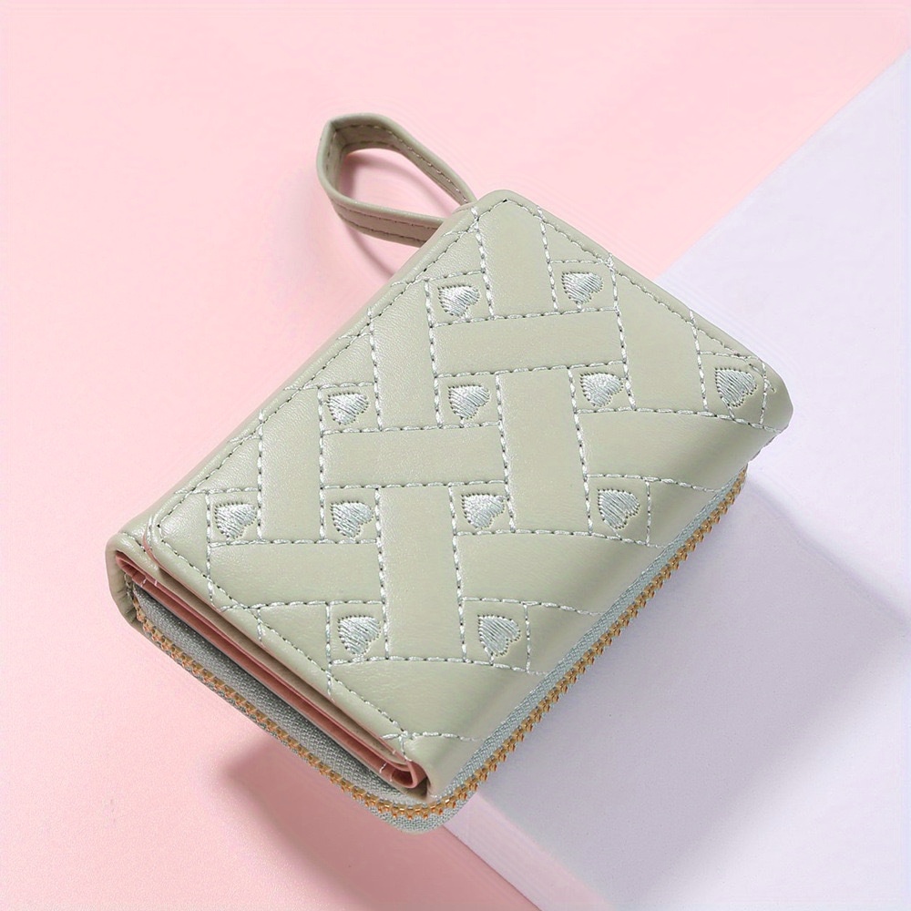 trendy love embroidered short wallet clutch solid color coin purse faux leather credit card holder details 8