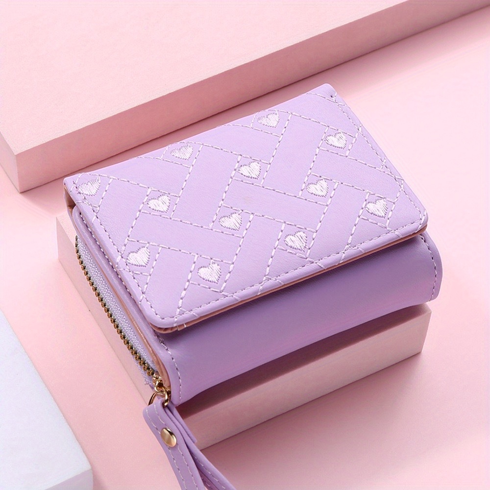 trendy love embroidered short wallet clutch solid color coin purse faux leather credit card holder details 11